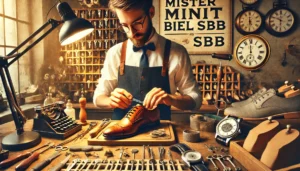 une image illustrant l'univers de Mister Minit Biel SBB, mettant en avant la réparation de chaussures, la reproduction de clés et d'autres services spécialisés.